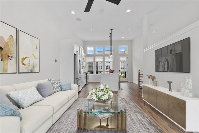 living room with hardwood / wood-style floors and ceiling fan