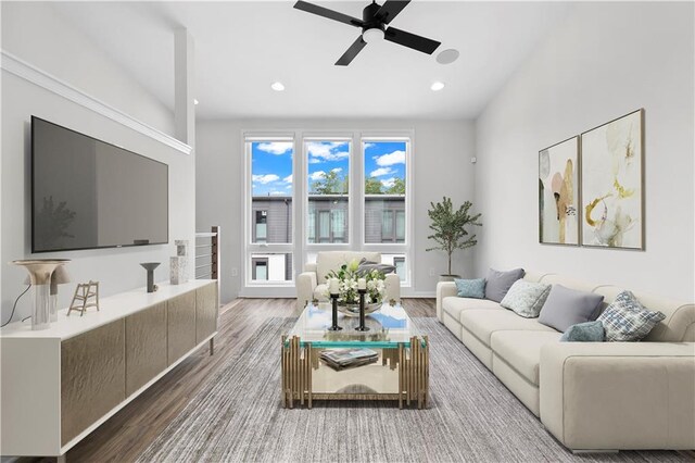 living room with ceiling fan and wood-type flooring