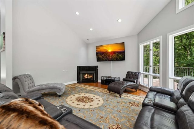 10323 Grassy Mountain Rd, Ellijay, GA 30540 - living area featuring plenty of natural light, recessed lighting, wood finished floors, a lit fireplace, and high vaulted ceiling