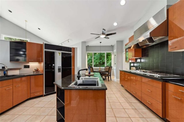 10323 Grassy Mountain Rd, Ellijay, GA 30540 - kitchen featuring paneled built in fridge, open shelves, a ceiling fan, light tile patterned floors, and decorative backsplash
