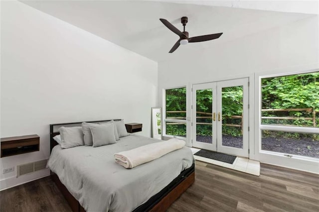 10323 Grassy Mountain Rd, Ellijay, GA 30540 - bedroom with access to outside, french doors, wood finished floors, and a ceiling fan
