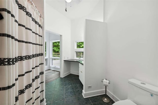 10323 Grassy Mountain Rd, Ellijay, GA 30540 - full bathroom with vanity, lofted ceiling, a shower with curtain, and tile patterned floors