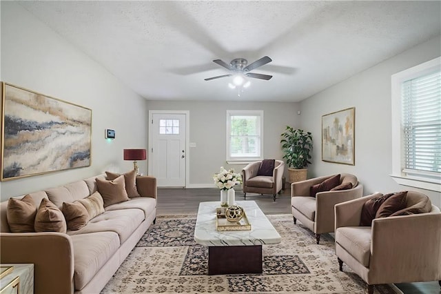 10150 Puckett St, Covington, GA 30014 - living room featuring wood finished floors, a ceiling fan, and a textured ceiling