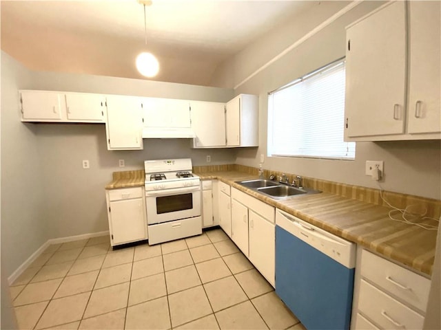 kitchen featuring white cabinetry, light tile patterned flooring, white appliances, and sink