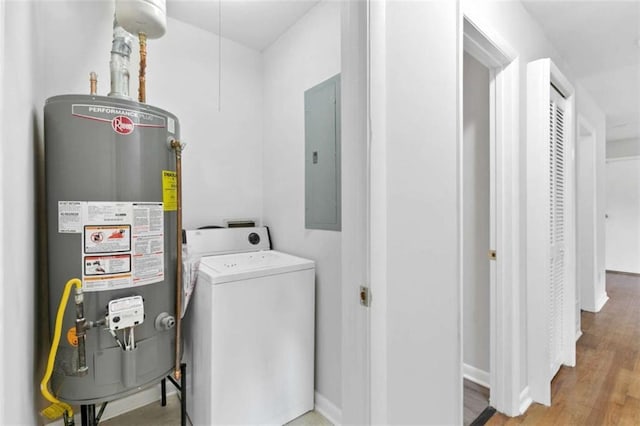 6671 Gano Dr, Riverdale, GA 30274 - laundry room featuring water heater, electric panel, and wood finished floors