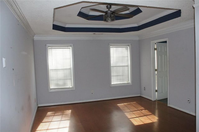 spare room featuring dark hardwood / wood-style flooring, ceiling fan, a raised ceiling, and a healthy amount of sunlight