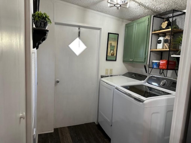 laundry area with separate washer and dryer, cabinet space, dark wood-style flooring, and a textured ceiling