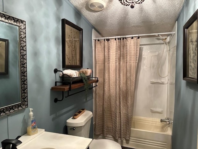 full bathroom with visible vents, shower / tub combo with curtain, toilet, a textured ceiling, and vanity