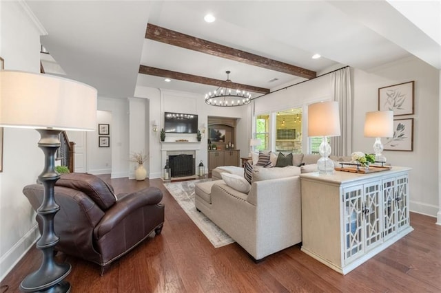 2680 Augeron Ct, Alpharetta, GA 30004 - living room featuring baseboards, wood finished floors, a chandelier, beam ceiling, and recessed lighting