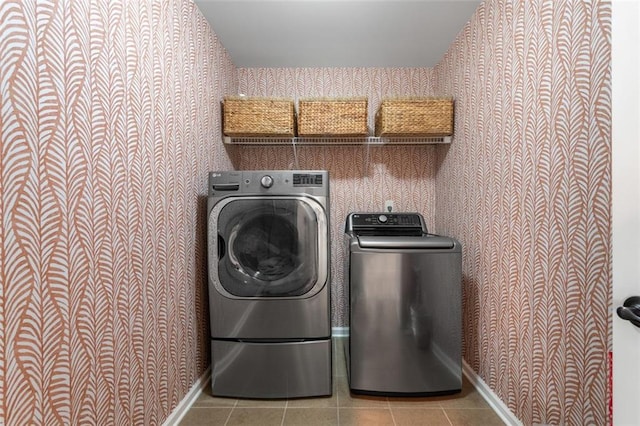 2680 Augeron Ct, Alpharetta, GA 30004 - washroom with independent washer and dryer, tile patterned floors, wallpapered walls, and baseboards