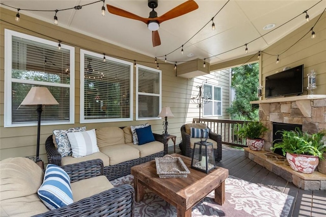 2680 Augeron Ct, Alpharetta, GA 30004 - wooden terrace featuring an outdoor living space with a fireplace and ceiling fan
