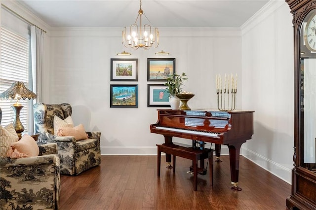2680 Augeron Ct, Alpharetta, GA 30004 - living area featuring a chandelier, baseboards, dark wood-type flooring, and ornamental molding