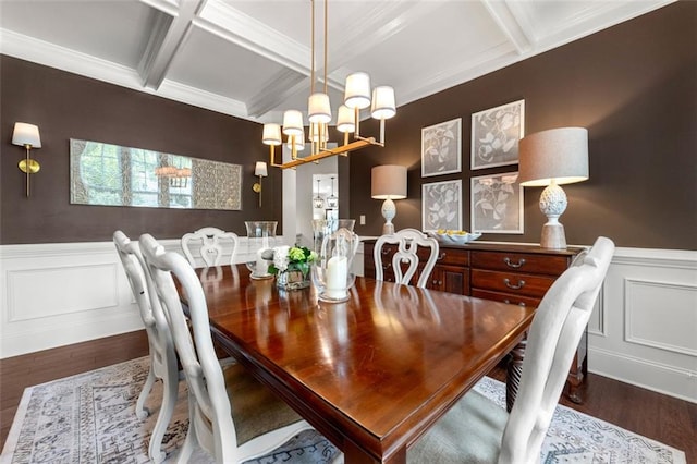 2680 Augeron Ct, Alpharetta, GA 30004 - dining space featuring coffered ceiling, wood finished floors, beam ceiling, a chandelier, and a wainscoted wall