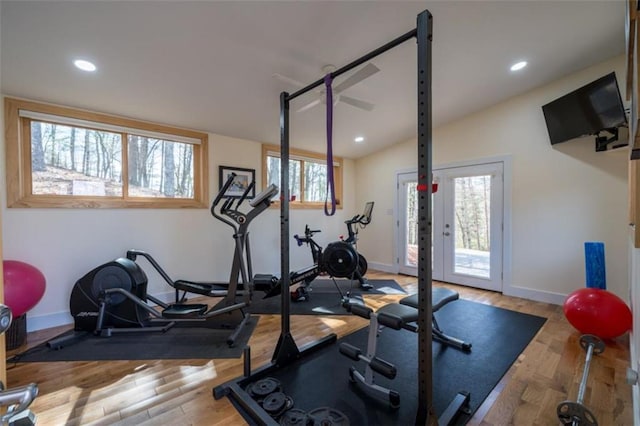 workout area with plenty of natural light, baseboards, wood finished floors, and recessed lighting