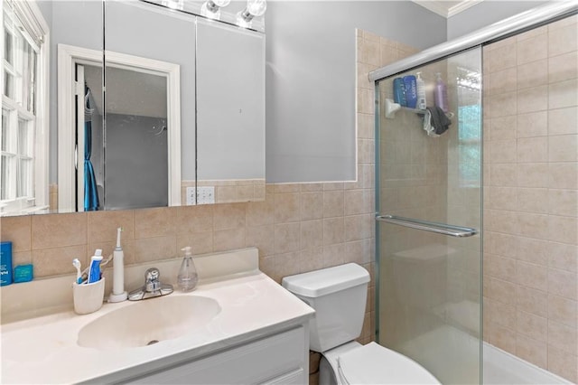 650 Crestview Ter, Gainesville, GA 30501 - bathroom featuring vanity, a shower stall, and tile walls