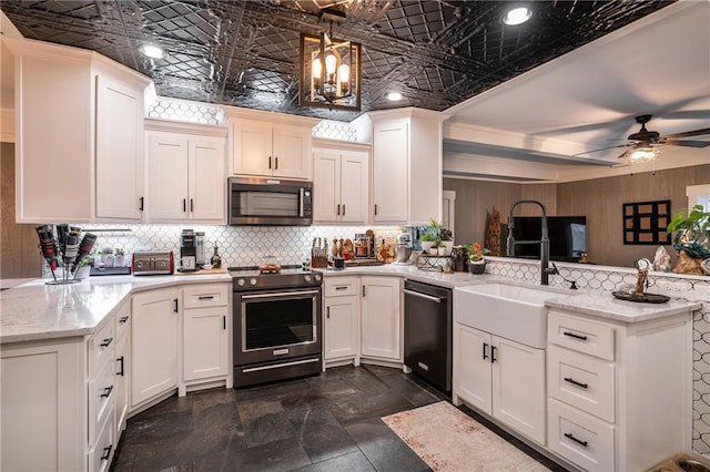 kitchen with an ornate ceiling, stainless steel appliances, backsplash, wooden walls, and a peninsula