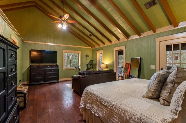 bedroom with high vaulted ceiling, dark wood-style flooring, visible vents, baseboards, and beam ceiling