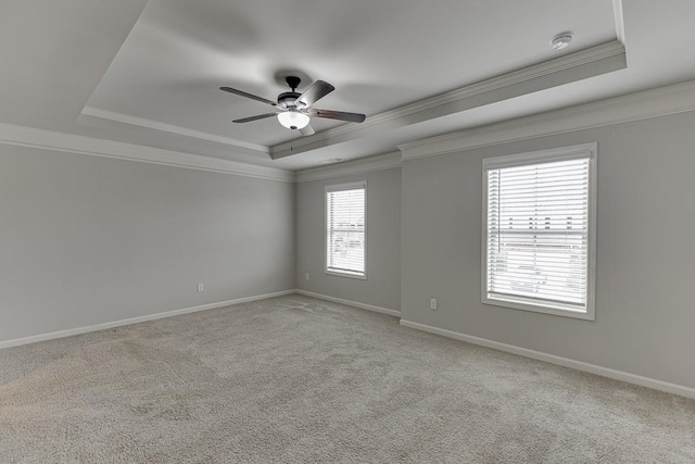 spare room with carpet floors, crown molding, a raised ceiling, a ceiling fan, and baseboards