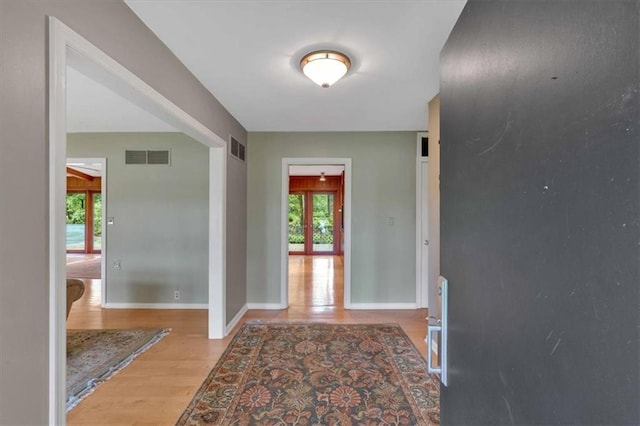 entrance foyer with wood finished floors, plenty of natural light, and baseboards