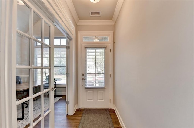 4335 Bellview Ln, Duluth, GA 30097 - doorway to outside with crown molding and dark wood-style floors