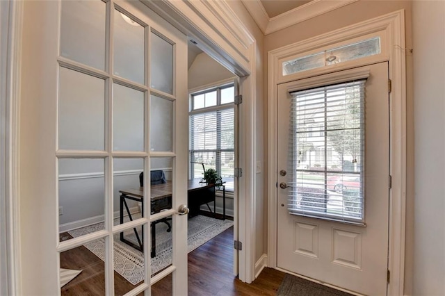 4335 Bellview Ln, Duluth, GA 30097 - doorway with an office area, ornamental molding, and dark wood-type flooring
