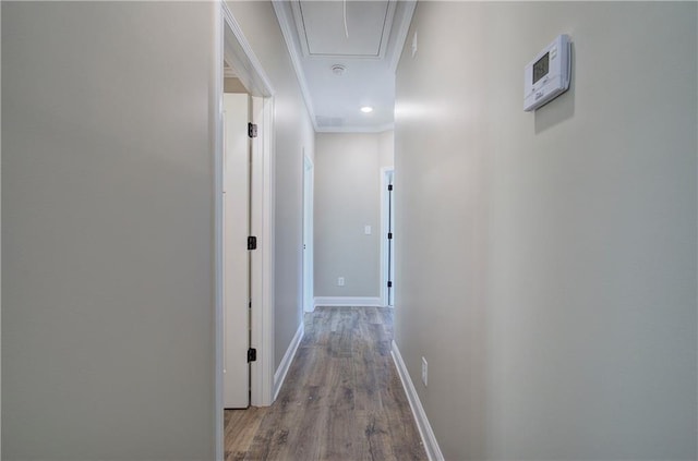 311 Arbor Cir, Rockmart, GA 30153 - corridor with attic access, wood finished floors, and crown molding