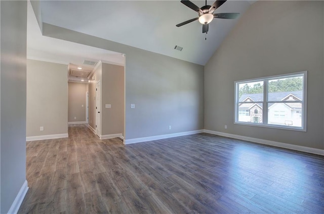 311 Arbor Cir, Rockmart, GA 30153 - unfurnished room featuring ceiling fan, high vaulted ceiling, attic access, and wood finished floors