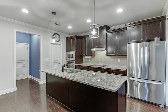 6206 Little Cove Dr, Flowery Branch, GA 30542 - kitchen with appliances with stainless steel finishes, under cabinet range hood, crown molding, a center island with sink, and dark brown cabinetry