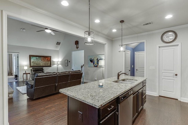 6206 Little Cove Dr, Flowery Branch, GA 30542 - kitchen with dishwasher, dark wood-style flooring, hanging light fixtures, dark brown cabinets, and light stone counters