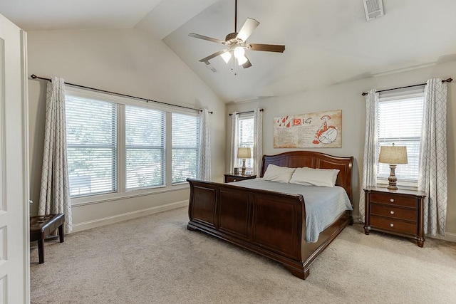 6206 Little Cove Dr, Flowery Branch, GA 30542 - bedroom featuring light carpet, multiple windows, vaulted ceiling, and a ceiling fan