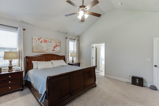 6206 Little Cove Dr, Flowery Branch, GA 30542 - bedroom with light colored carpet, high vaulted ceiling, ceiling fan, and ensuite bathroom