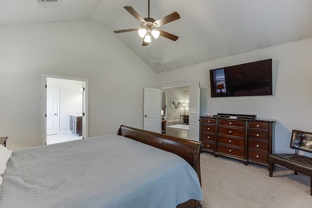 6206 Little Cove Dr, Flowery Branch, GA 30542 - bedroom with light carpet, high vaulted ceiling, ensuite bath, and ceiling fan
