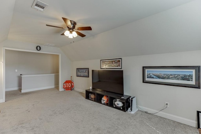 6206 Little Cove Dr, Flowery Branch, GA 30542 - carpeted living room with vaulted ceiling and a ceiling fan