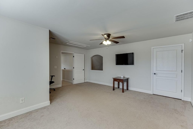 6206 Little Cove Dr, Flowery Branch, GA 30542 - unfurnished living room featuring ceiling fan, attic access, carpet flooring, and an office area