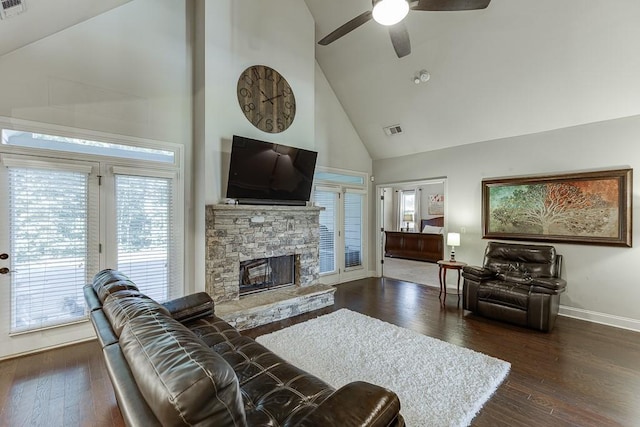 6206 Little Cove Dr, Flowery Branch, GA 30542 - living room featuring high vaulted ceiling, a fireplace, a ceiling fan, and wood finished floors
