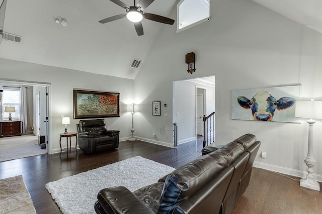 6206 Little Cove Dr, Flowery Branch, GA 30542 - living room featuring high vaulted ceiling, ceiling fan, and dark wood finished floors
