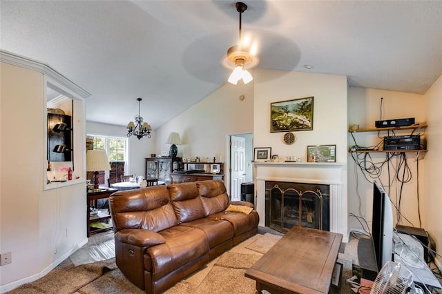 80 Jacob Trl, Rockmart, GA 30153 - living room with a fireplace, vaulted ceiling, a chandelier, and ceiling fan