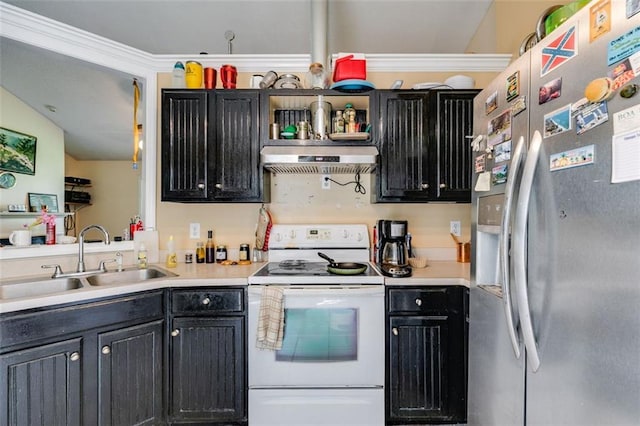 80 Jacob Trl, Rockmart, GA 30153 - kitchen featuring stainless steel fridge with ice dispenser, white electric stove, under cabinet range hood, dark cabinets, and light countertops