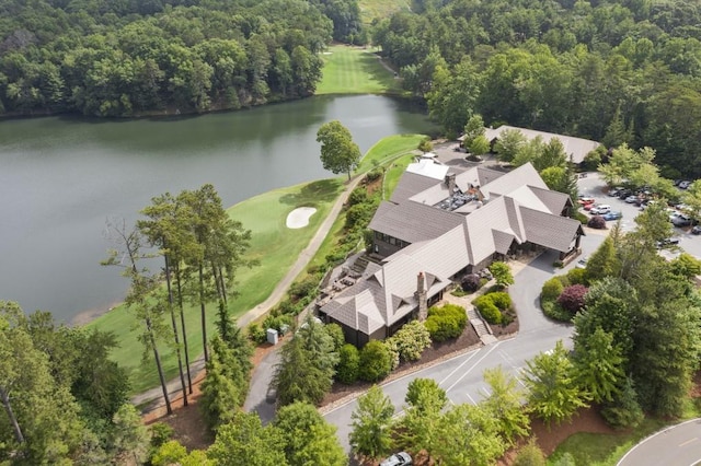 aerial view with a water view and a view of trees