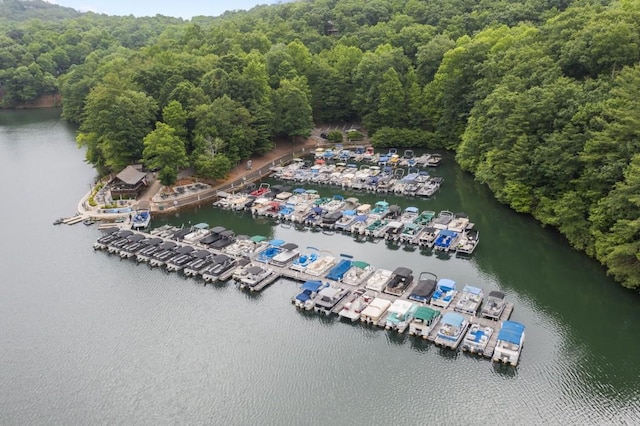 aerial view featuring a water view, golf course view, and a wooded view