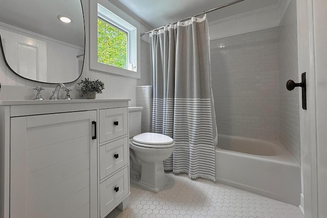full bath with toilet, vanity, ornamental molding, shower / bathtub combination with curtain, and tile patterned flooring