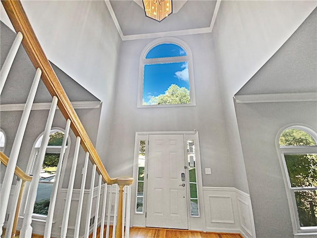 entryway featuring a towering ceiling, ornamental molding, hardwood / wood-style floors, and a healthy amount of sunlight