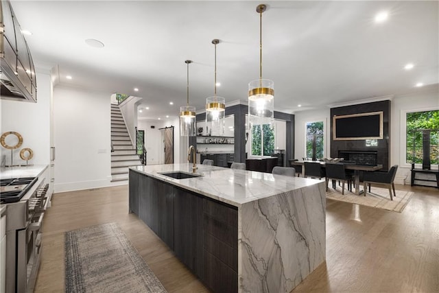 306 Pinecrest Rd NE, Atlanta, GA 30342 - kitchen with a sink, range with two ovens, a large island, crown molding, and light wood-style flooring