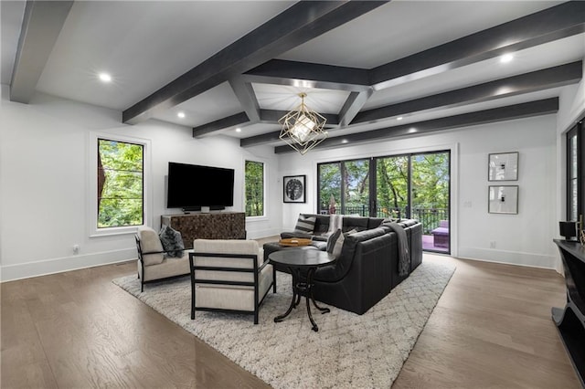 306 Pinecrest Rd NE, Atlanta, GA 30342 - living room with baseboards, beamed ceiling, recessed lighting, wood finished floors, and a chandelier
