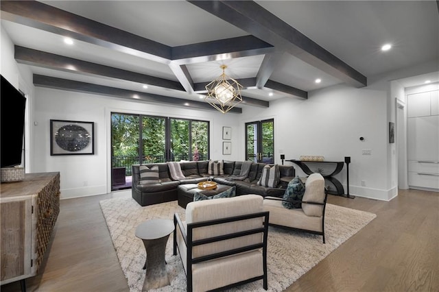 306 Pinecrest Rd NE, Atlanta, GA 30342 - living area with baseboards, wood finished floors, beamed ceiling, a chandelier, and recessed lighting