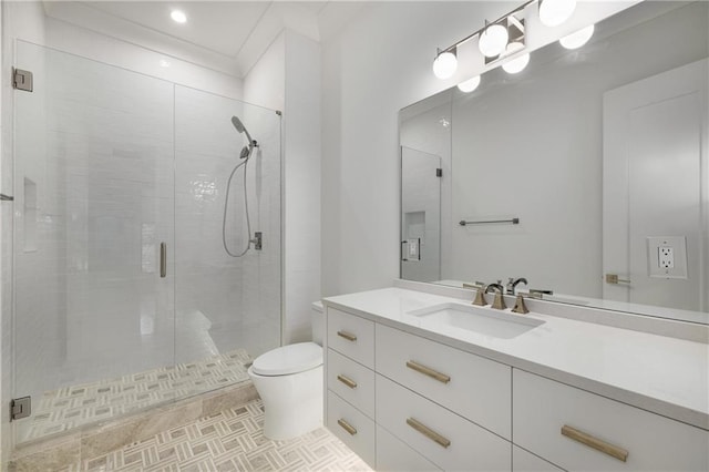 306 Pinecrest Rd NE, Atlanta, GA 30342 - bathroom featuring toilet, vanity, a shower stall, and tile patterned floors