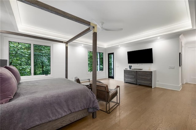 306 Pinecrest Rd NE, Atlanta, GA 30342 - bedroom featuring multiple windows, a raised ceiling, light wood-style floors, baseboards, and crown molding