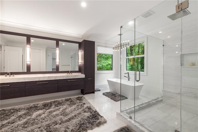 306 Pinecrest Rd NE, Atlanta, GA 30342 - full bathroom with double vanity, a soaking tub, a shower stall, and recessed lighting