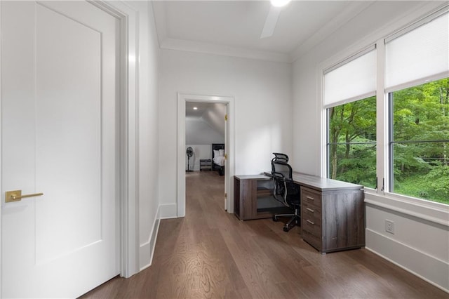 306 Pinecrest Rd NE, Atlanta, GA 30342 - office area with wood finished floors, ornamental molding, a ceiling fan, baseboards, and vaulted ceiling