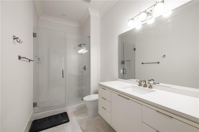 306 Pinecrest Rd NE, Atlanta, GA 30342 - bathroom with vanity, a stall shower, crown molding, toilet, and tile patterned flooring